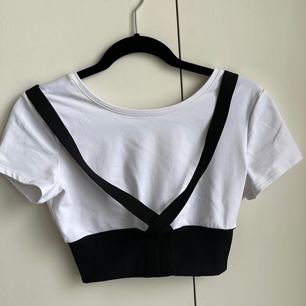 ALO Yoga White Crop Top with Black Strappy Contrast